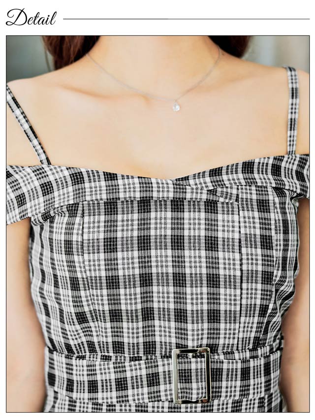 [SMLサイズ]オールチェックベルト付きオフショルタイトミニドレス[3サイズ展開]