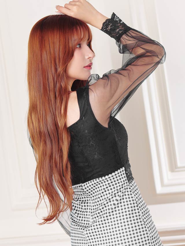 [SMLサイズ]ギンガムチェックレースパールボタンチュール長袖タイトミニドレス[3サイズ展開]