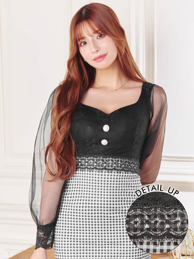 [SMLサイズ]ギンガムチェックレースパールボタンチュール長袖タイトミニドレス[3サイズ展開]