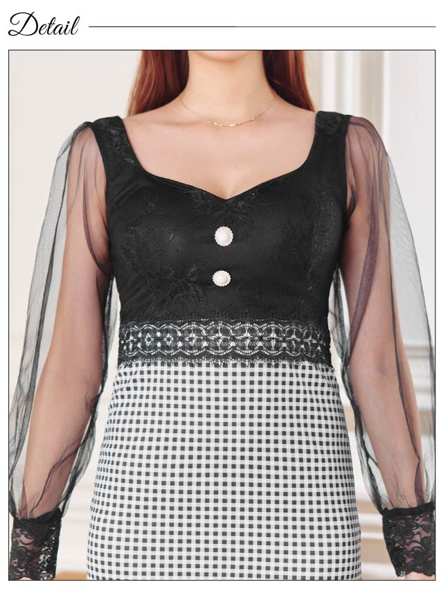 [SMLサイズ]ギンガムチェックレースパールボタンチュール長袖タイトミニドレス[3サイズ展開]