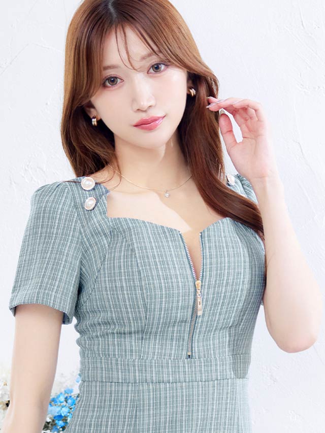 フロントジップツイードチェックパールビジュー半袖タイトミニドレス[SML/3サイズ展開]