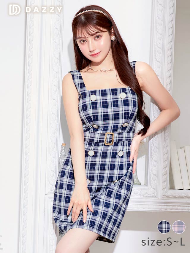 [SMLサイズ]ダブルボタンチェック柄ベルトデザインタイトミニドレス[3サイズ展開]