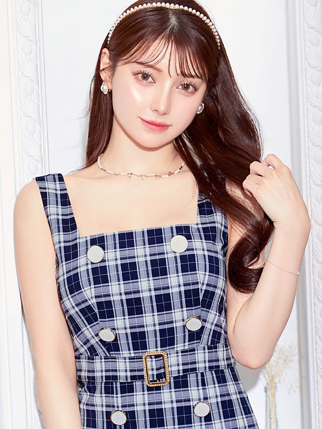 [SMLサイズ]ダブルボタンチェック柄ベルトデザインタイトミニドレス[3サイズ展開]