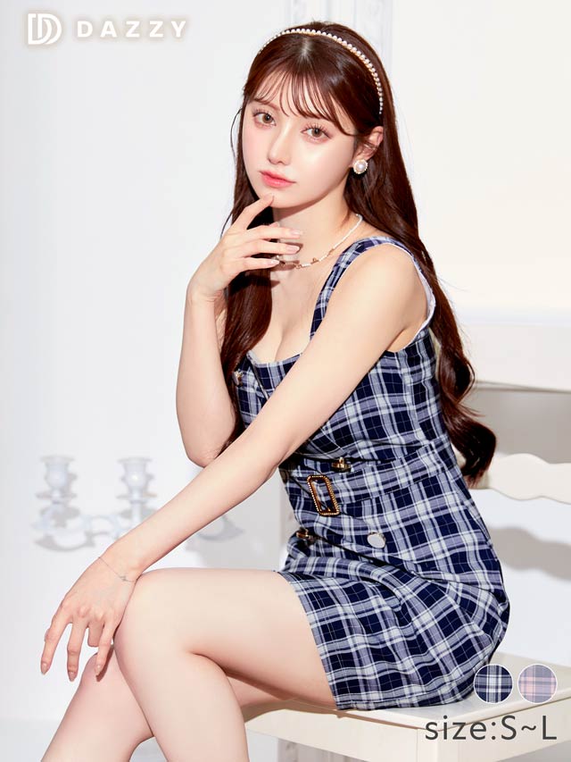 [SMLサイズ]ダブルボタンチェック柄ベルトデザインタイトミニドレス[3サイズ展開]