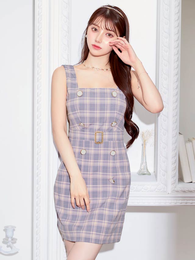 [SMLサイズ]ダブルボタンチェック柄ベルトデザインタイトミニドレス[3サイズ展開]