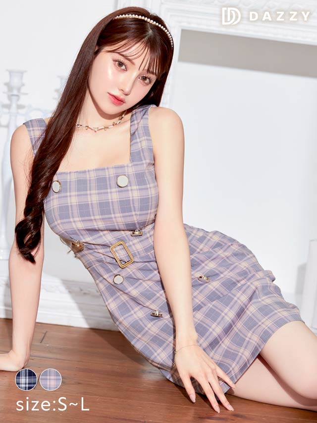 [SMLサイズ]ダブルボタンチェック柄ベルトデザインタイトミニドレス[3サイズ展開]