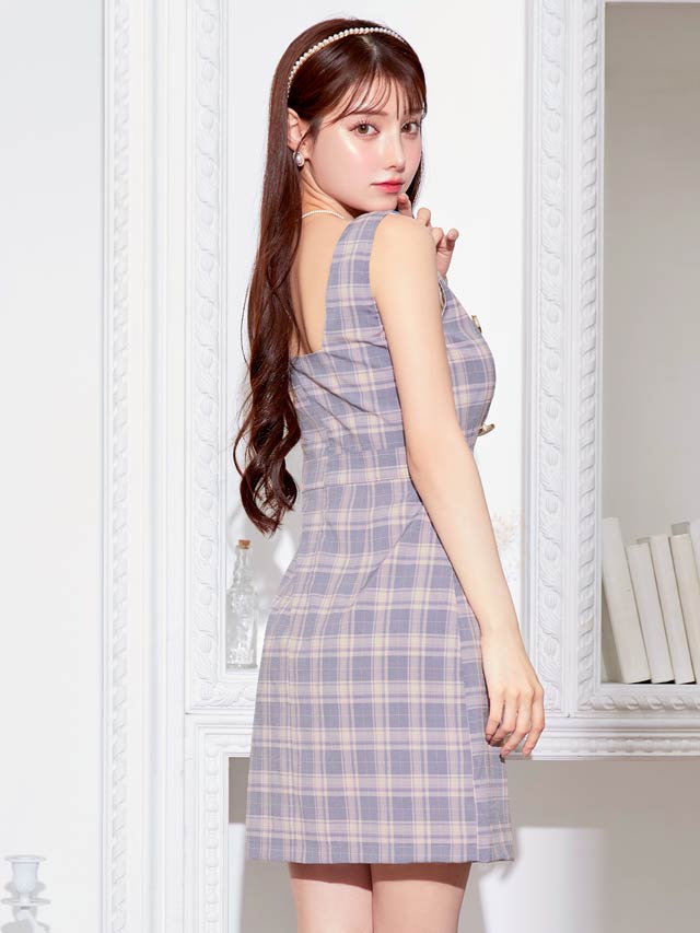 [SMLサイズ]ダブルボタンチェック柄ベルトデザインタイトミニドレス[3サイズ展開]