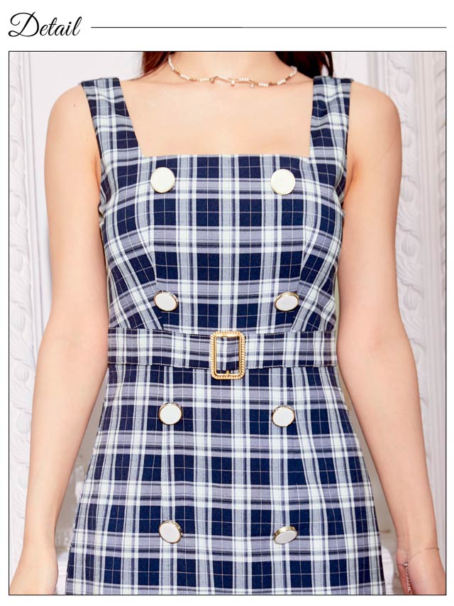 [SMLサイズ]ダブルボタンチェック柄ベルトデザインタイトミニドレス[3サイズ展開]