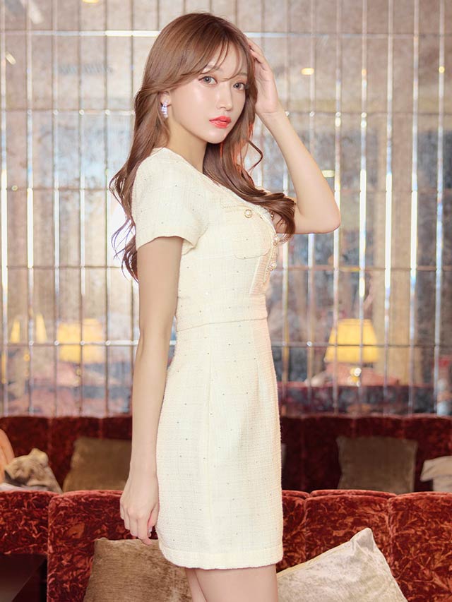 7/22再入荷!スパンコールツイードパールボタン半袖タイトミニドレス[SML/3サイズ展開]