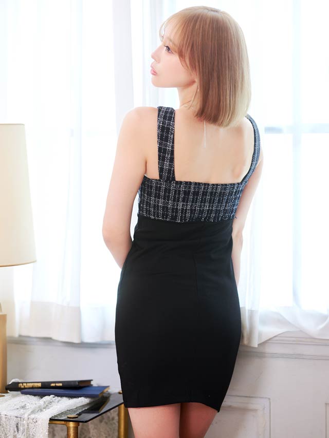 [SMLサイズ]チェックツイード切り替えノースリーブタイトミニドレス[3サイズ展開][LIVE紹介]