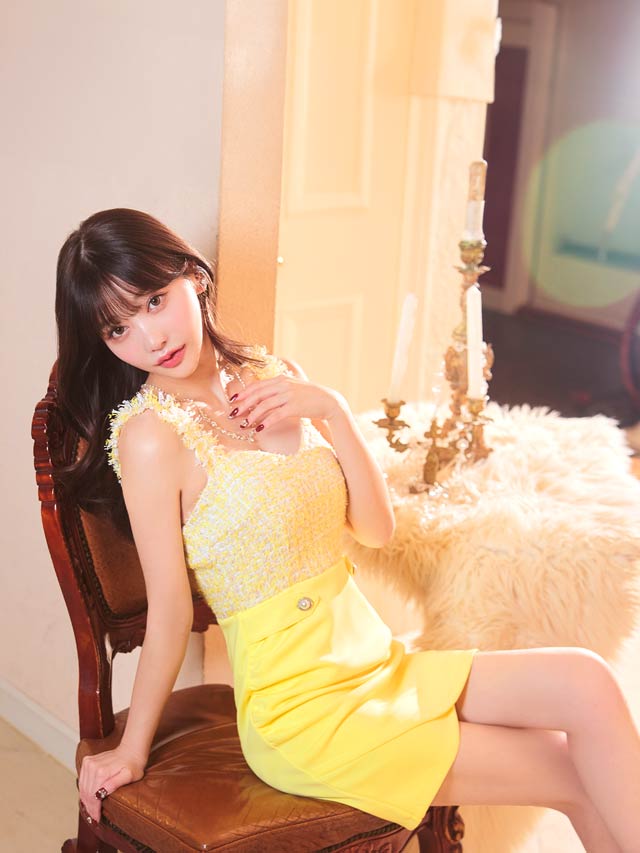 [SMLサイズ]パステルフリンジツイードモチーフノースリーブタイトミニドレス[3サイズ展開]