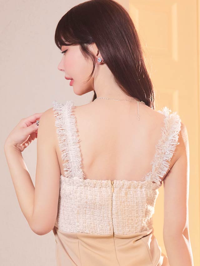 [SMLサイズ]パステルフリンジツイードモチーフノースリーブタイトミニドレス[3サイズ展開]