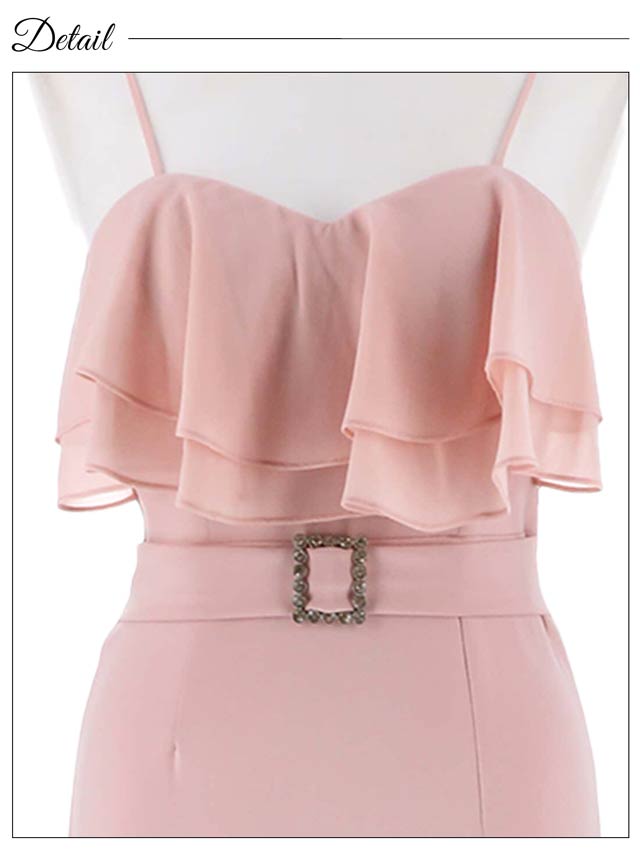 [SMLサイズ]シフォンフリルベルトモチーフキャミソールスリットAラインロングドレス[3サイズ展開][伊藤桃々着用]