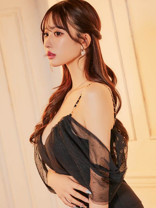 ストーンチュールオフショルチェーンキャミソールタイトミニドレス[SML/3サイズ展開]