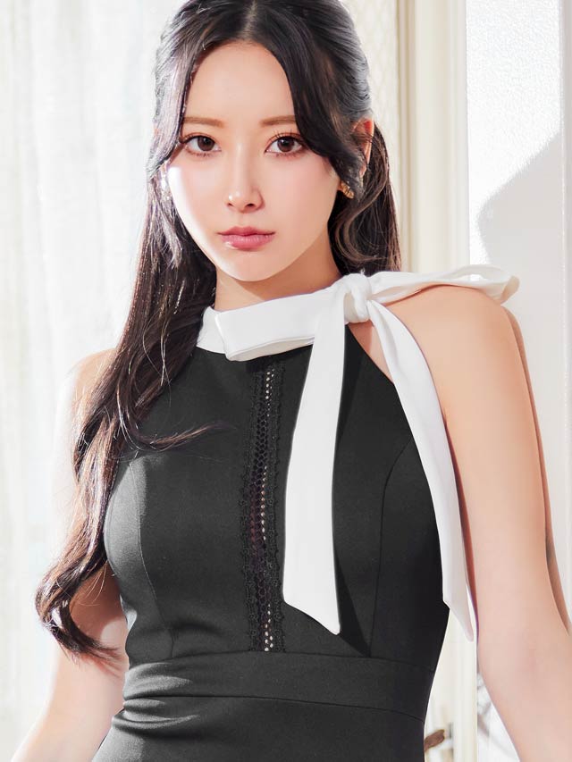 [SMLサイズ]アメスリネックリボンスリットタイトミニドレス[3サイズ展開]