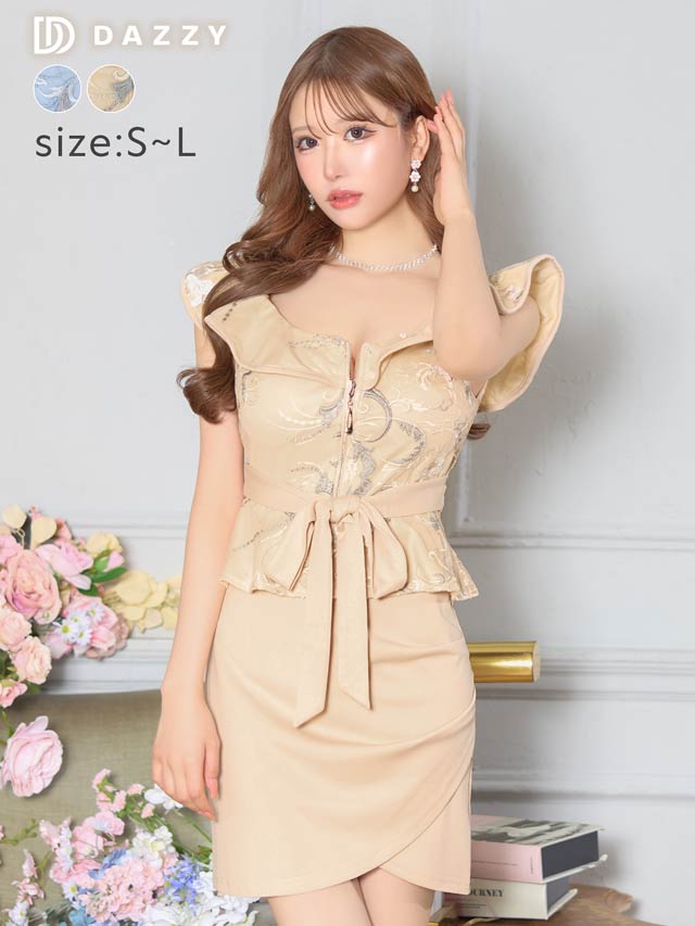 [SMLサイズ]フラワー刺繍フロントジップウエストリボンフリルタイトミニドレス[3サイズ展開][伊藤桃々着用]