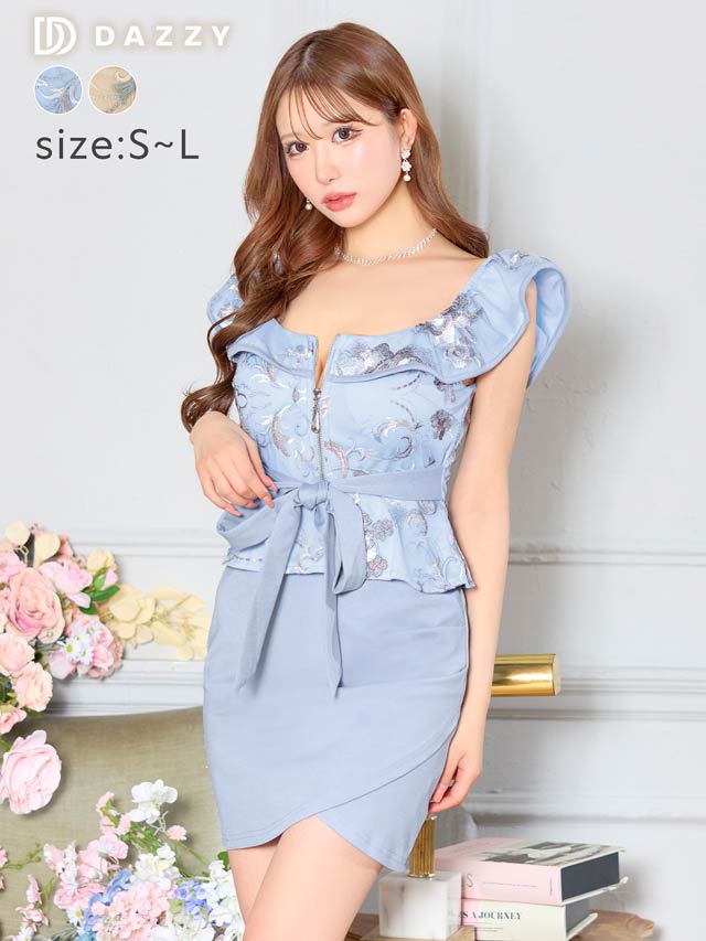 [SMLサイズ]フラワー刺繍フロントジップウエストリボンフリルタイトミニドレス[3サイズ展開][伊藤桃々着用]