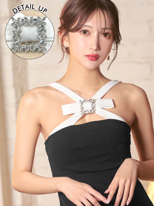 [SMLサイズ]ノースリーブクロスリボンビジュータイトミニドレス[3サイズ展開][LIVE紹介]