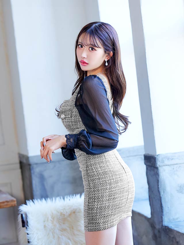 ラメ ツイードジップシアーロングスリーブタイトミニドレス[SML/3サイズ展開]