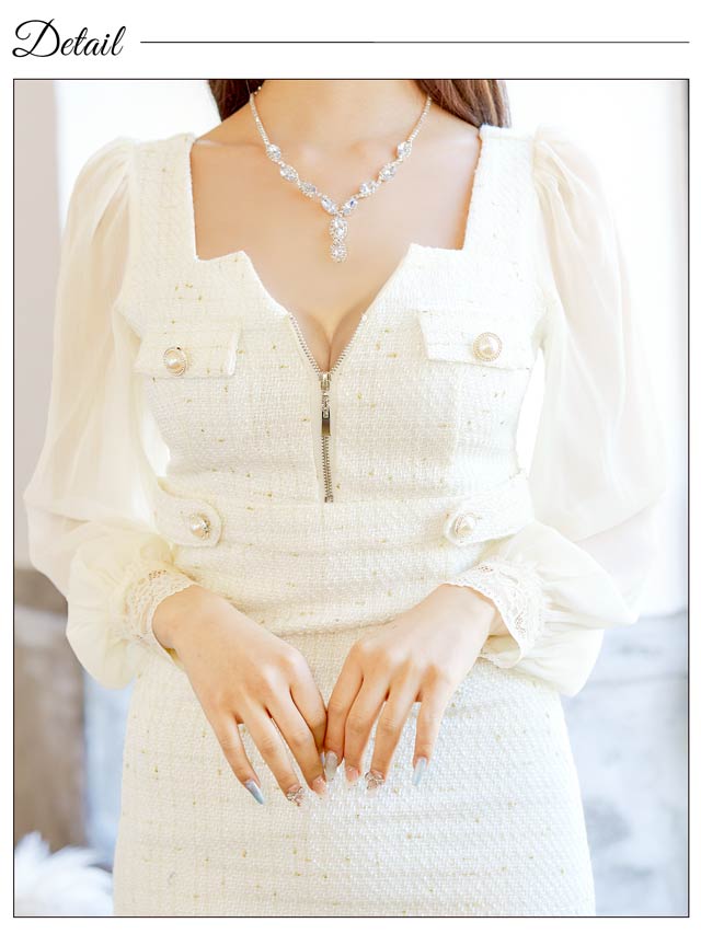 ラメ ツイードジップシアーロングスリーブタイトミニドレス[SML/3サイズ展開]