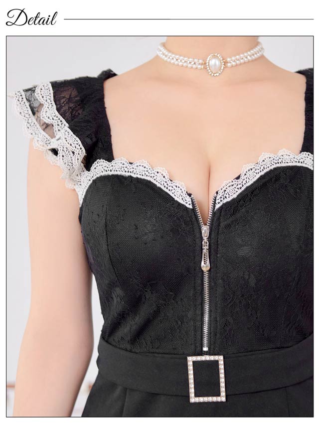 [SMLサイズ]フロントジップベルトモチーフケミカルレースフリル袖タイトミニドレス[3サイズ展開]