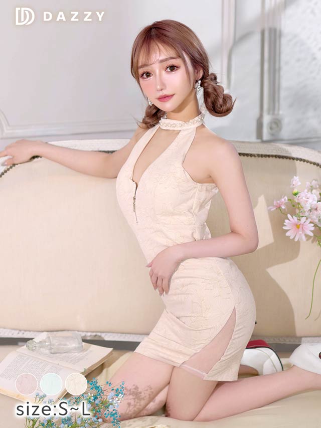 [SMLサイズ]フラワー刺繍アメスリフロントジップタイトミニドレス[3サイズ展開][LIVE紹介]