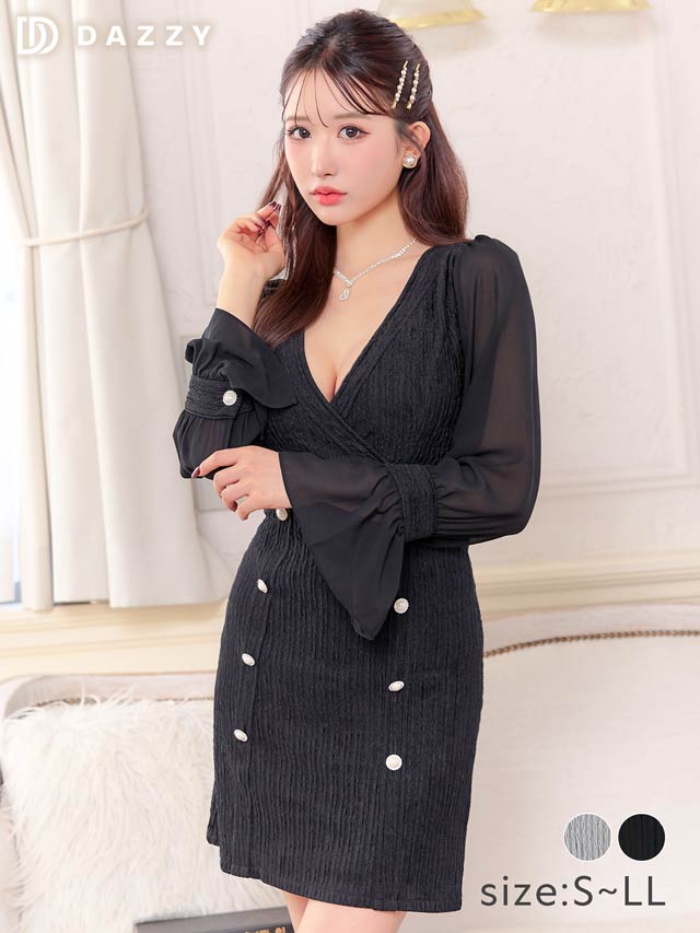 シャーリングカシュクールダブルボタンシフォン長袖Ａラインミニドレス[S~LL/4サイズ展開][伊藤桃々着用]