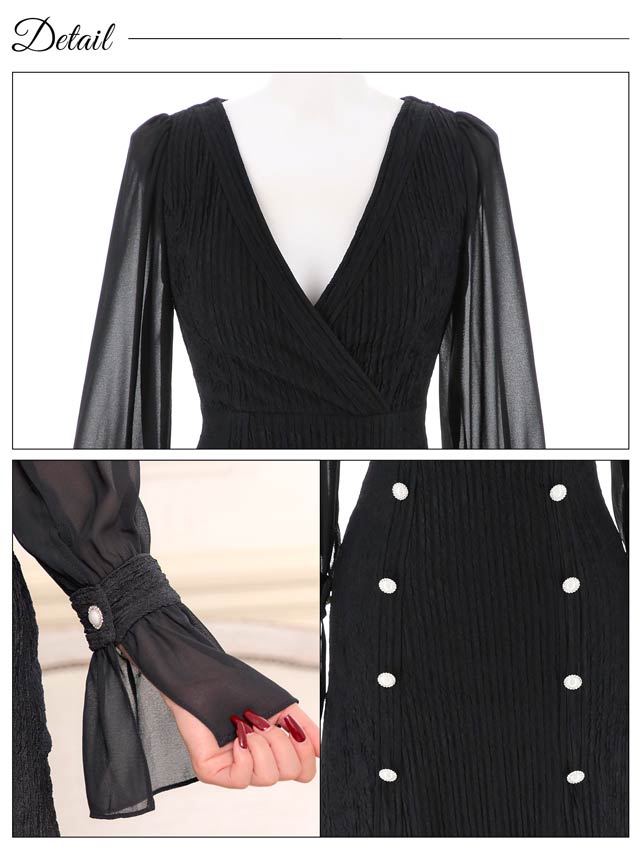 シャーリングカシュクールダブルボタンシフォン長袖Ａラインミニドレス[S~LL/4サイズ展開][伊藤桃々着用]