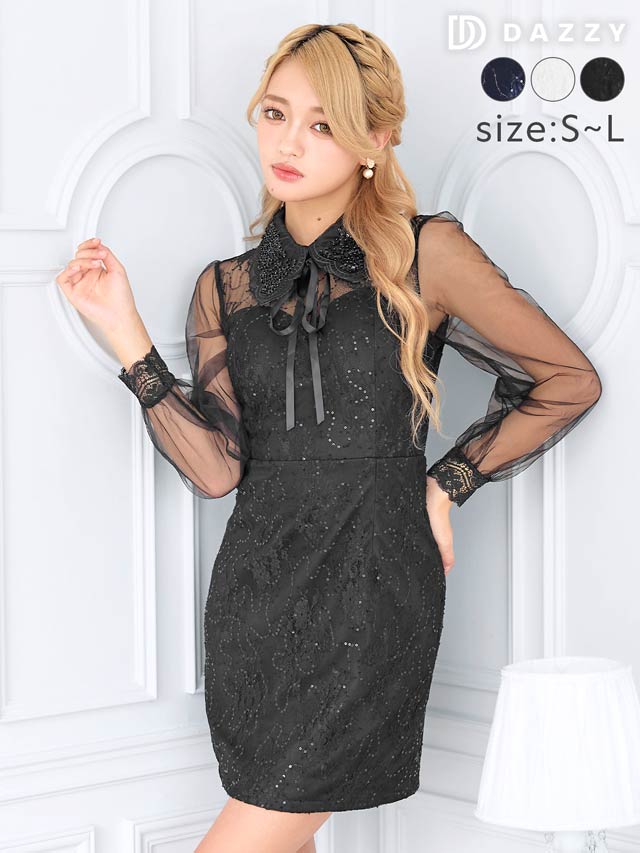 [SMLサイズ]ドッキングスパンコールビジューリボン襟付きシアー長袖タイトミニドレス[3サイズ展開][LIVE紹介]