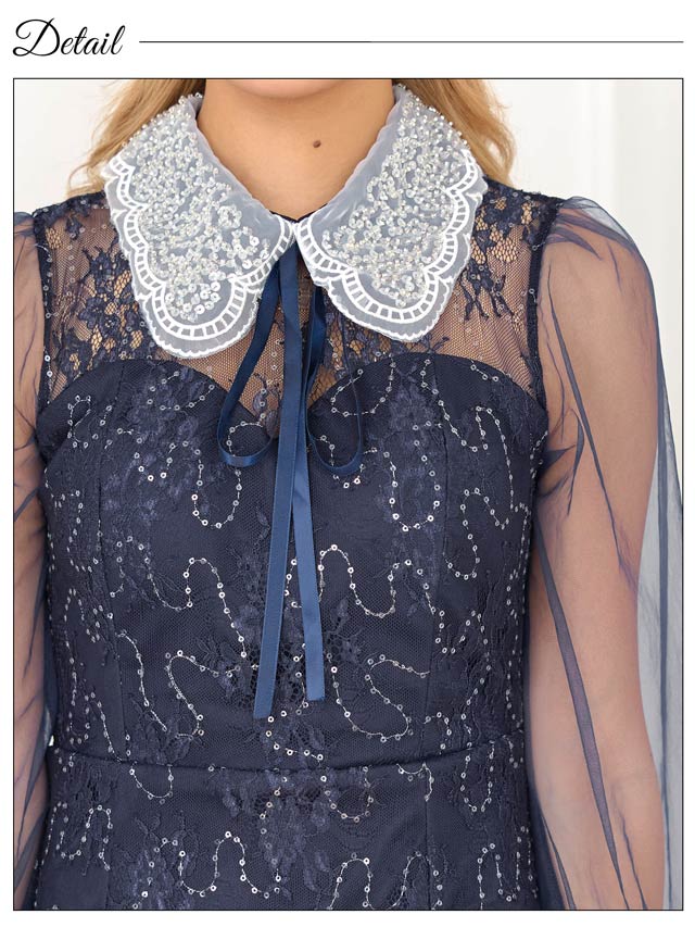 [SMLサイズ]ドッキングスパンコールビジューリボン襟付きシアー長袖タイトミニドレス[3サイズ展開][LIVE紹介]