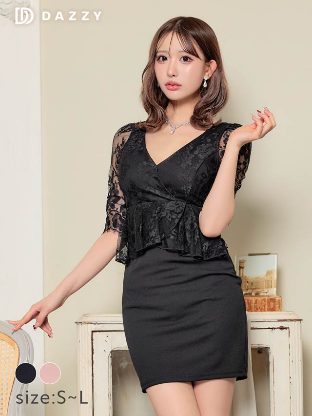 [SMLサイズ]フラワーレースVネックペプラム五分袖タイトミニドレス[3サイズ展開][伊藤桃々着用]