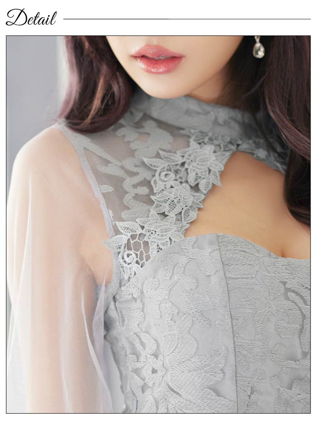 ジャガードフラワー刺繍ホールシアー長袖タイトミニドレス[SML/3サイズ展開]