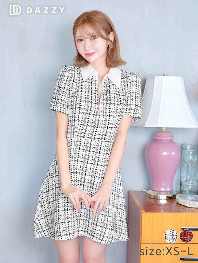 ツイードチェック襟付きフロントジップ半袖Aラインミニドレス [XS~L/4サイズ展開]