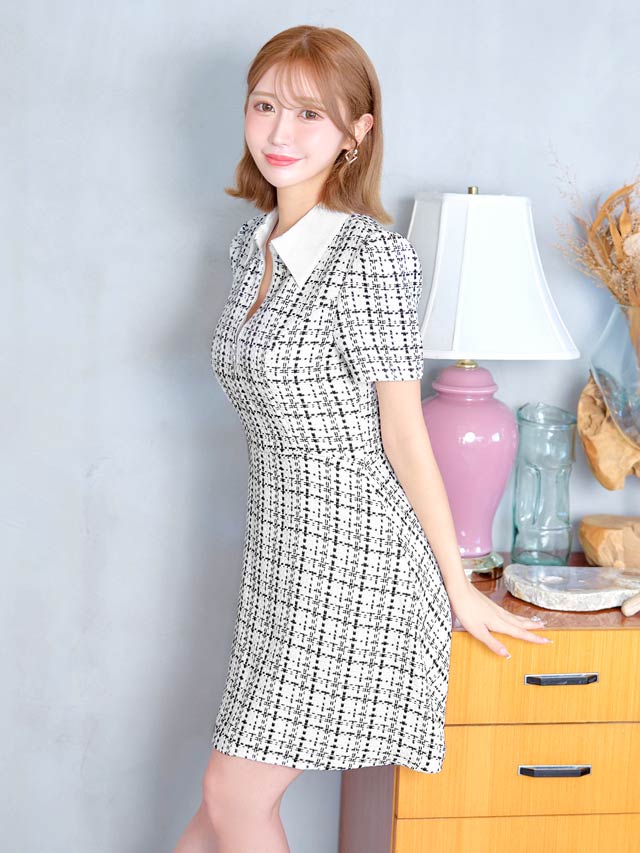 ツイードチェック襟付きフロントジップ半袖Aラインミニドレス [XS~L/4サイズ展開]