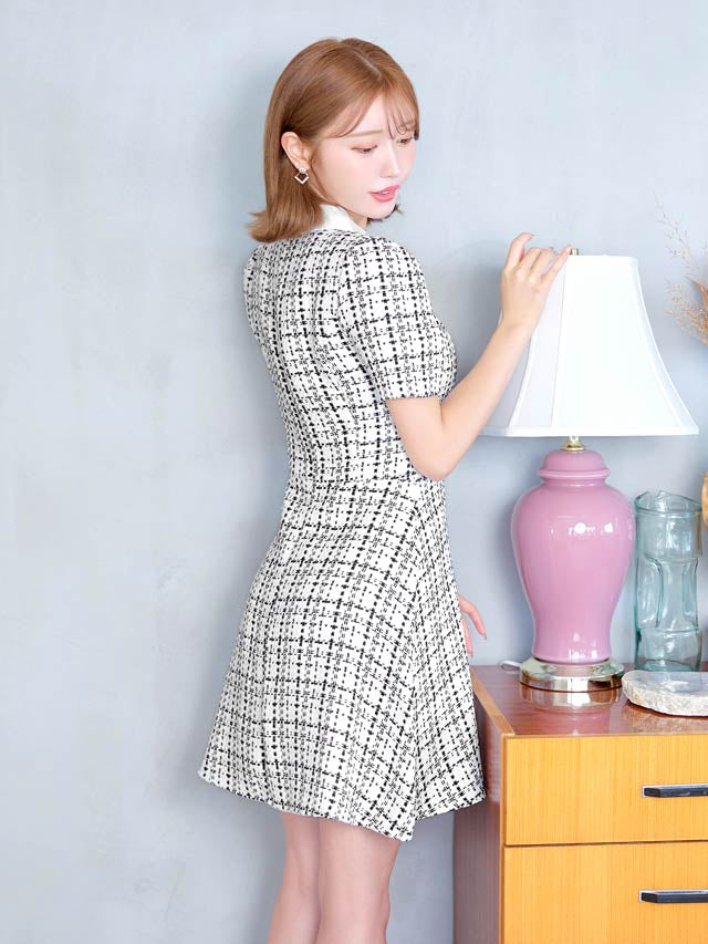 ツイードチェック襟付きフロントジップ半袖Aラインミニドレス [XS~L/4サイズ展開]