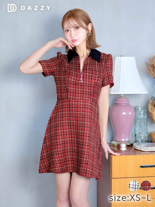 ツイードチェック襟付きフロントジップ半袖Aラインミニドレス [XS~L/4サイズ展開]