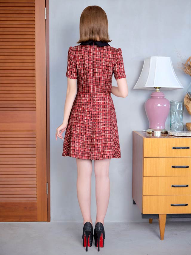 ツイードチェック襟付きフロントジップ半袖Aラインミニドレス [XS~L/4サイズ展開]