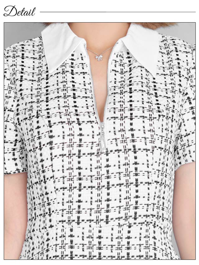 ツイードチェック襟付きフロントジップ半袖Aラインミニドレス [XS~L/4サイズ展開]