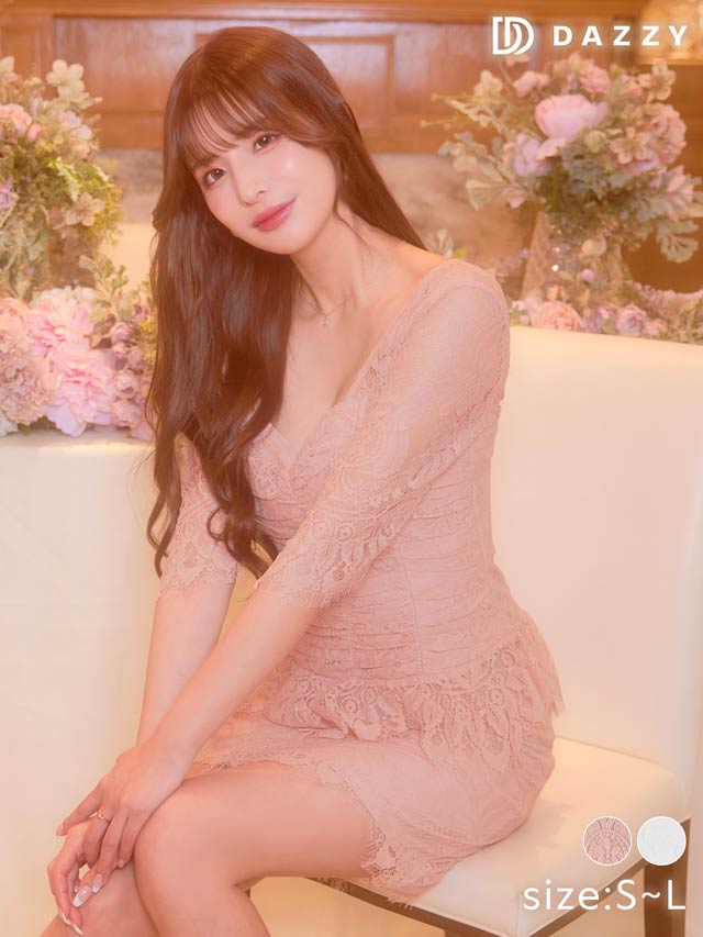 [SMLサイズ]ギャザーオールフラワーレース七分袖タイトミニセットアップ[3サイズ展開][LIVE紹介]