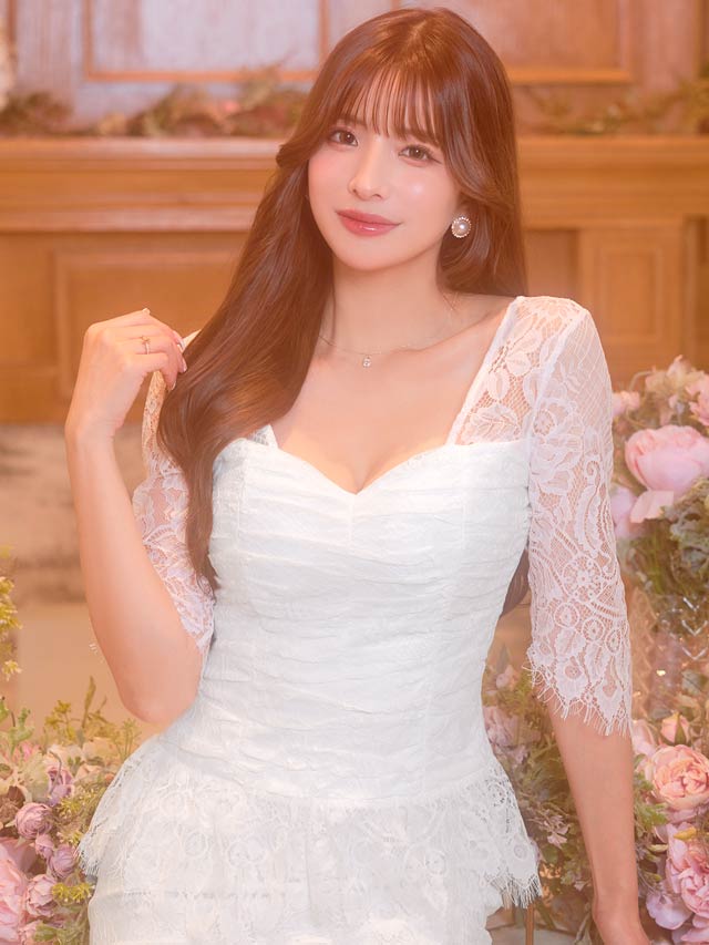 [SMLサイズ]ギャザーオールフラワーレース七分袖タイトミニセットアップ[3サイズ展開][LIVE紹介]