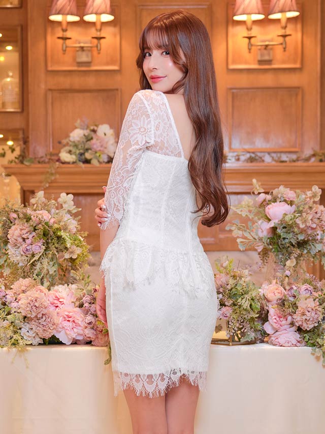 [SMLサイズ]ギャザーオールフラワーレース七分袖タイトミニセットアップ[3サイズ展開][LIVE紹介]