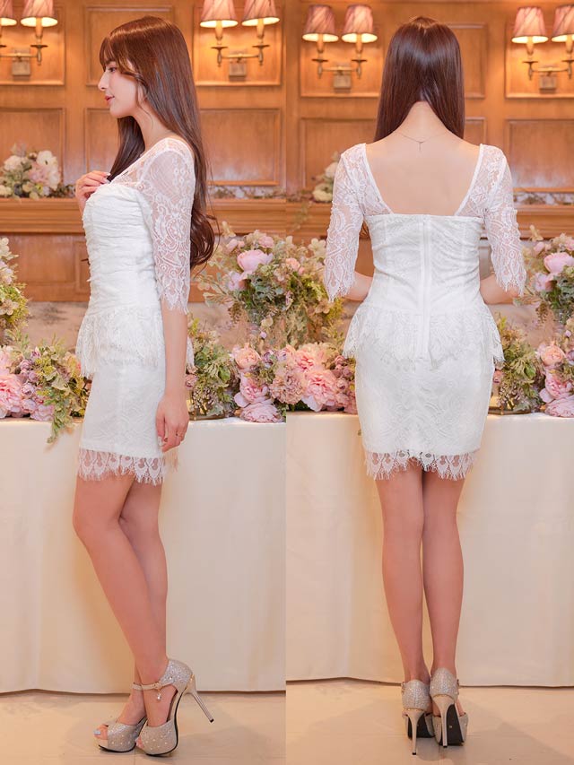 [SMLサイズ]ギャザーオールフラワーレース七分袖タイトミニセットアップ[3サイズ展開][LIVE紹介]