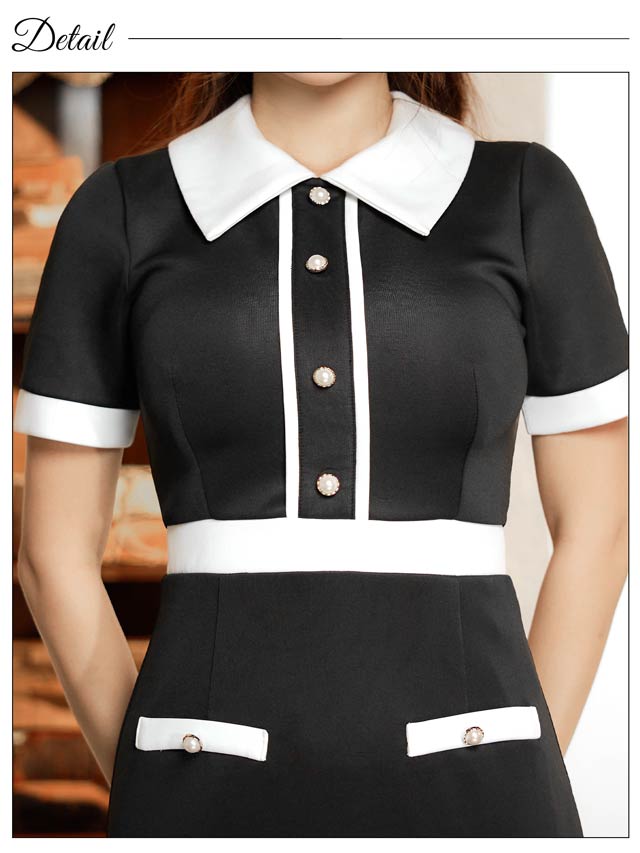 [SMLサイズ]襟付きバイカラーボタンビジュー半袖タイトミニドレス[3サイズ展開]