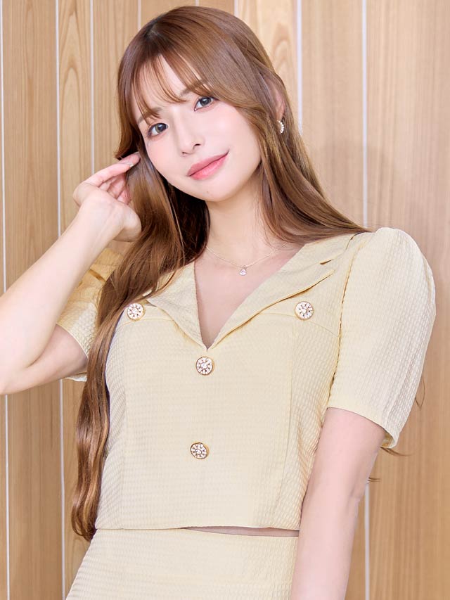 [SMLサイズ]ワッフルビジューボタン襟付きミニスカートセットアップ[3サイズ展開]