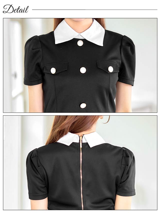 [SMLサイズ]バイカラーモノトーン襟付きボタンビジュータイトミニセットアップ[3サイズ展開]