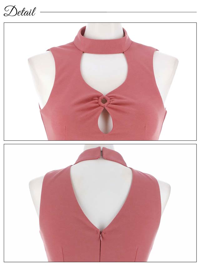 [SMLサイズ]ハイネックギャザードロップホールノースリーブタイトミニドレス[3サイズ展開]