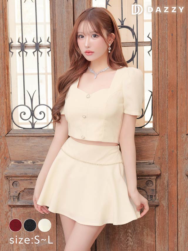 5/27再入荷! ラインストーンツイードパールボタンAラインミニセットアップ[SML/3サイズ展開][伊藤桃々着用]