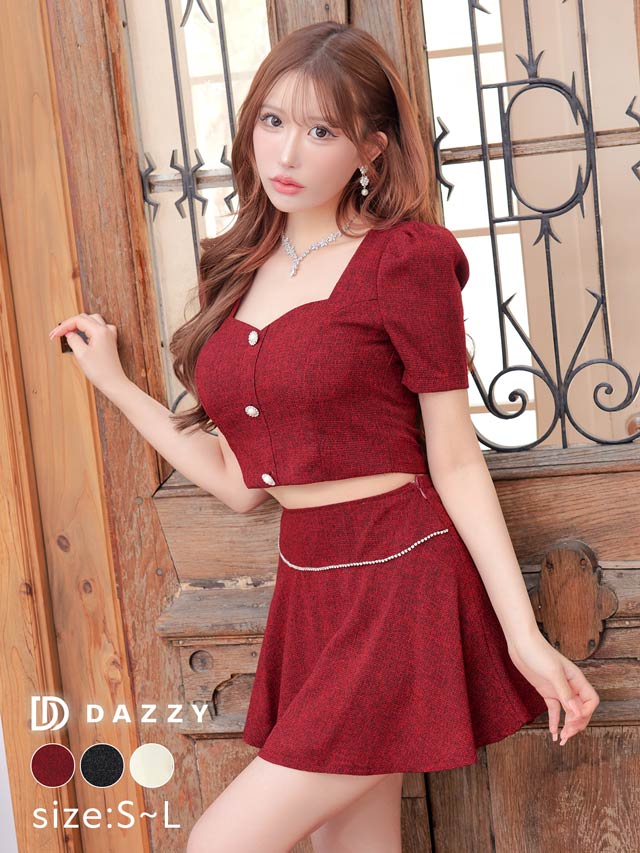 5/27再入荷! ラインストーンツイードパールボタンAラインミニセットアップ[SML/3サイズ展開][伊藤桃々着用]