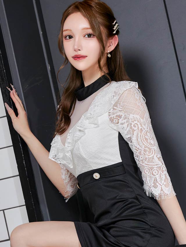 [SMLサイズ]フリルハイネックシアーレース五分袖タイトミニドレス[3サイズ展開]