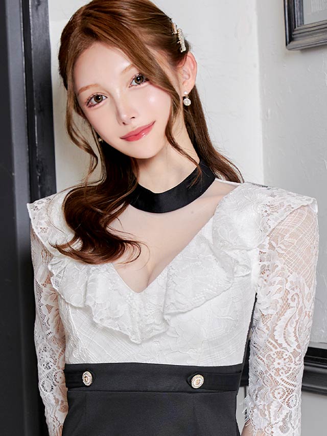 [SMLサイズ]フリルハイネックシアーレース五分袖タイトミニドレス[3サイズ展開]